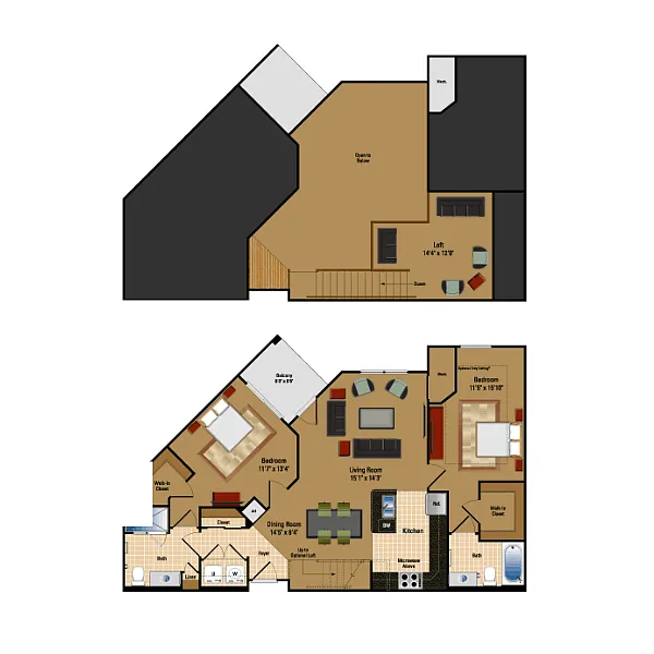 Floor plan 2 Bed + Loft, 2 Bath 1226 SF BL4