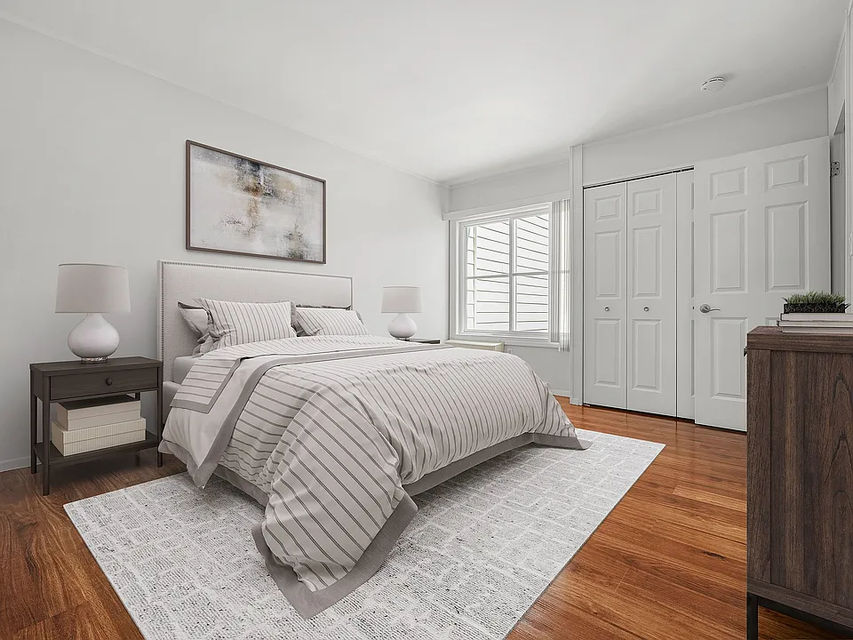 Bedroom #1- Master from a corner view with bed, essential furniture, and decor ( VS )1