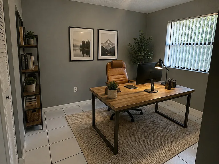 Staged with AI. Bedroom 3 as a home office.