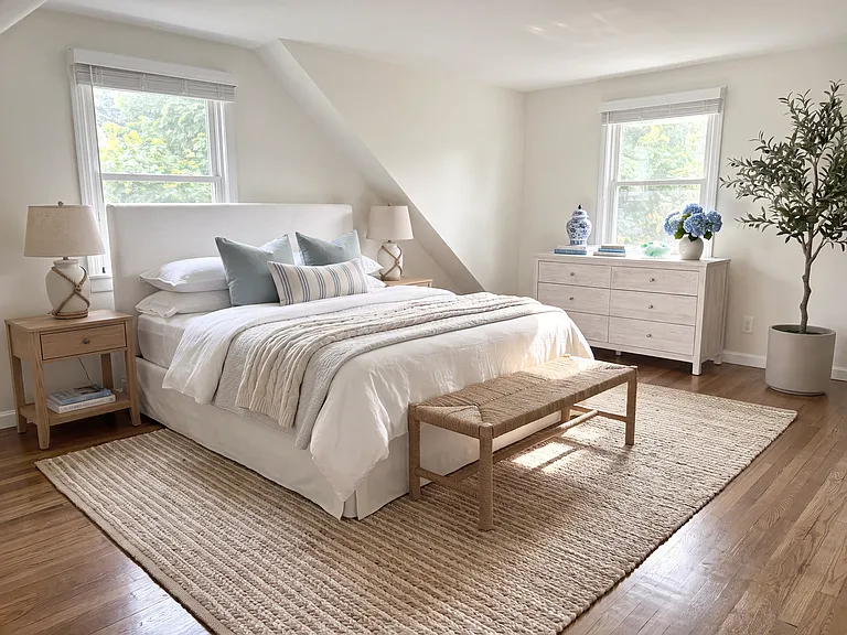 Master bedroom with vaulted ceilings and closet (virtually staged)