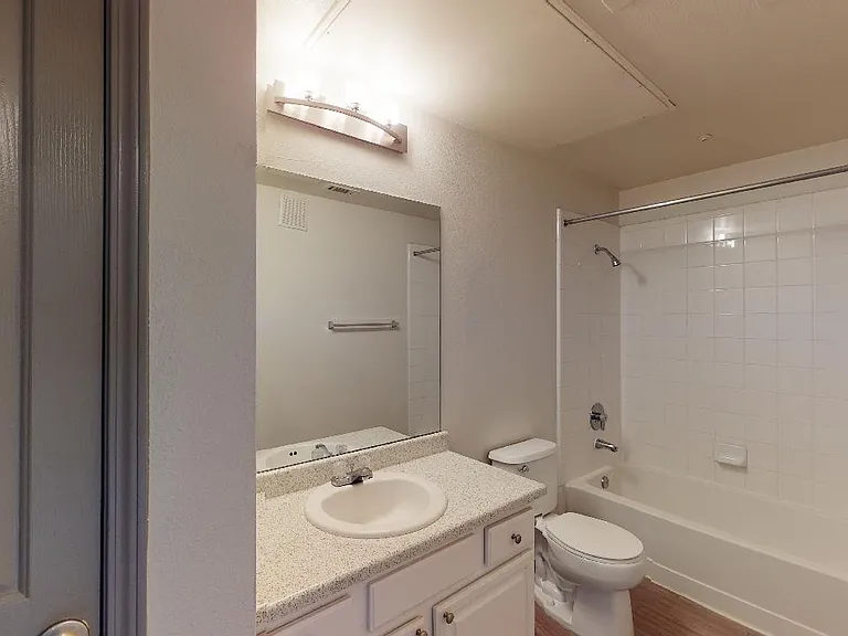 Apartment bathroom with wood-style flooring.