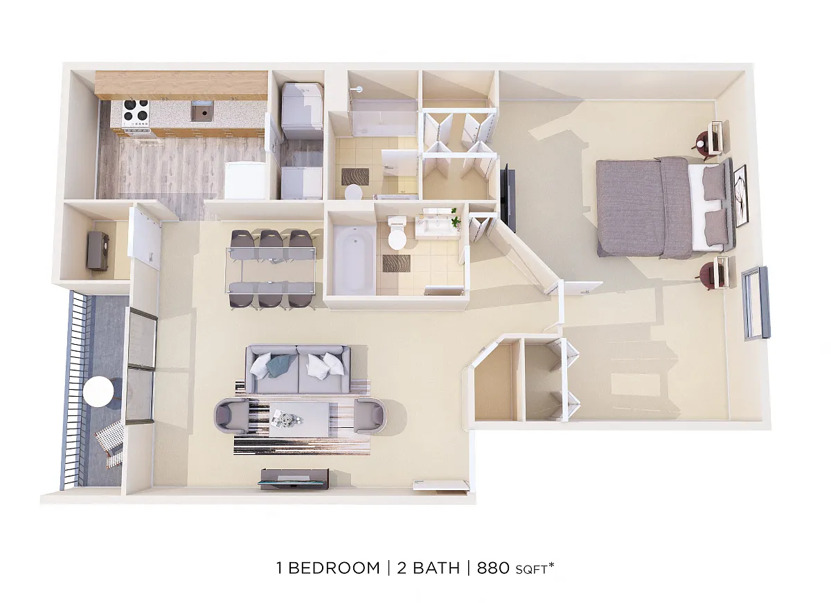 Floor plan One Bedroom 2 Bath - 880 sqft