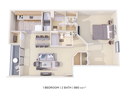 Floor plan One Bedroom 2 Bath - 880 sqft