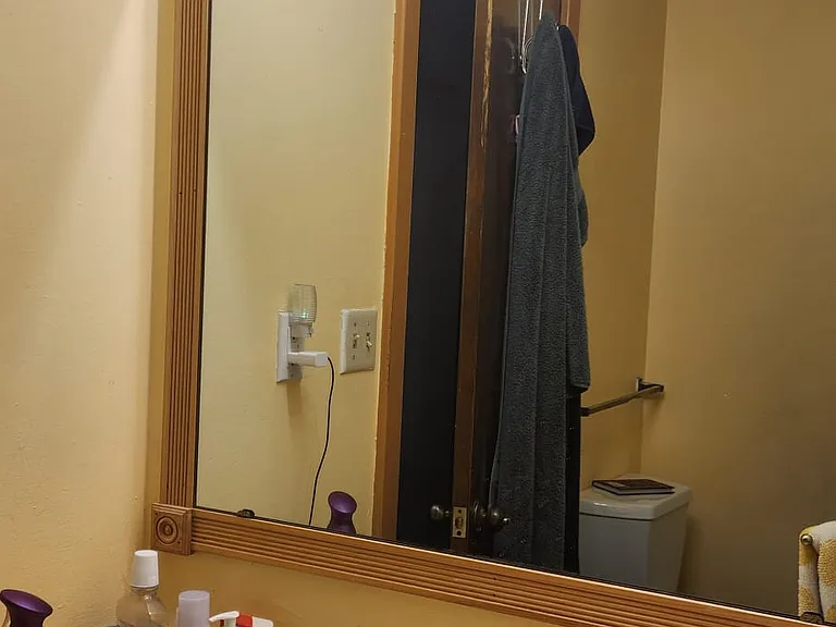 Shared bathroom view of mirror