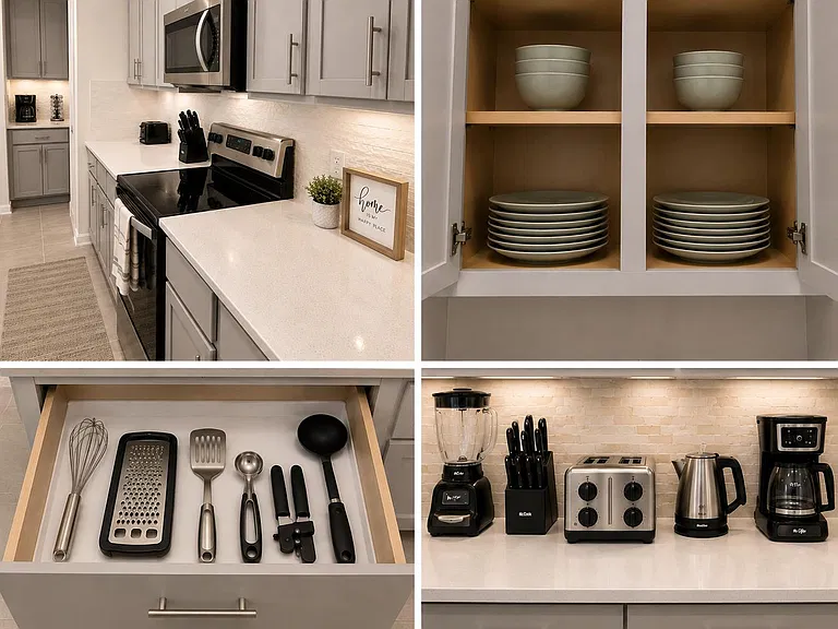 Updated kitchen with ample cabinetry, quartz-style counters, and a full appliance suite with organized storage for everyday u