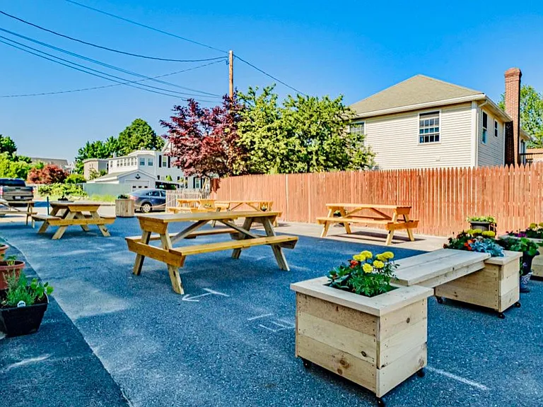 The Knitting Nook Cafe patio at the rear of the building