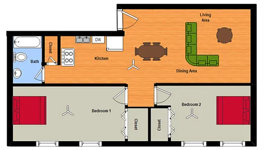 Floor plan 2 Bed, 1 Bath Open Concept