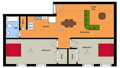 Floor plan 2 Bed, 1 Bath Open Concept