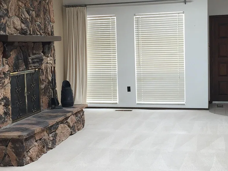 Living area looking south; front door far right