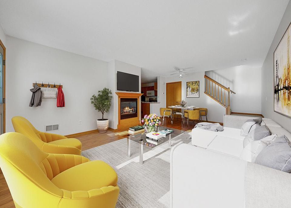Living room with a view of Dining area looking over the kitchen - virtually staged to demonstrate space potential