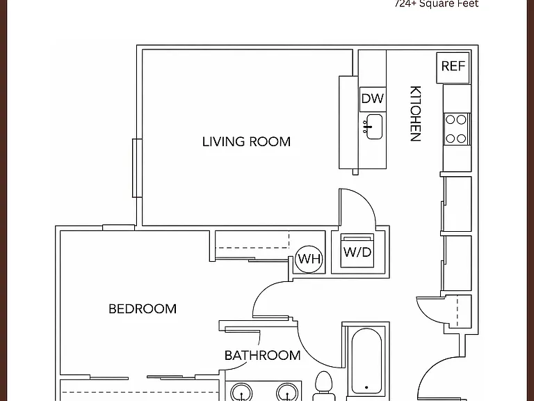 Elegant 1-bedroom standard floor plan with a spacious living room, modern kitchen, and convenient amenities, 724+ square feet. Elegant 1-bedroom standard floor plan with a spacious living room, modern kitchen, and convenient amenities, 724+ square feet.