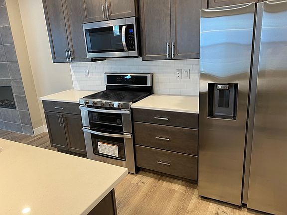 Stainless steel appliances including Gas-operated range, electrical microwave and refrigerator