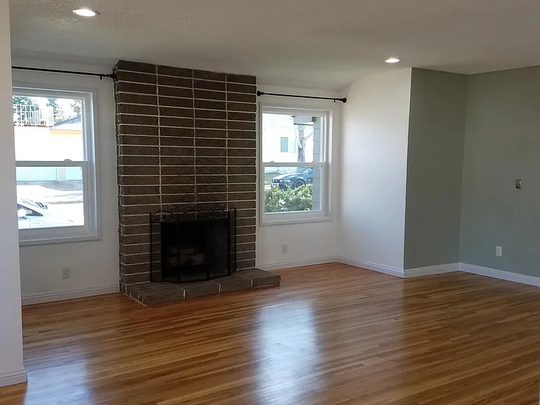 Living room area & decorative fireplace