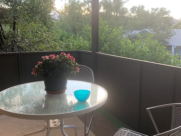 patio is quiet and above all nearby buildings looking into Back range mountains
