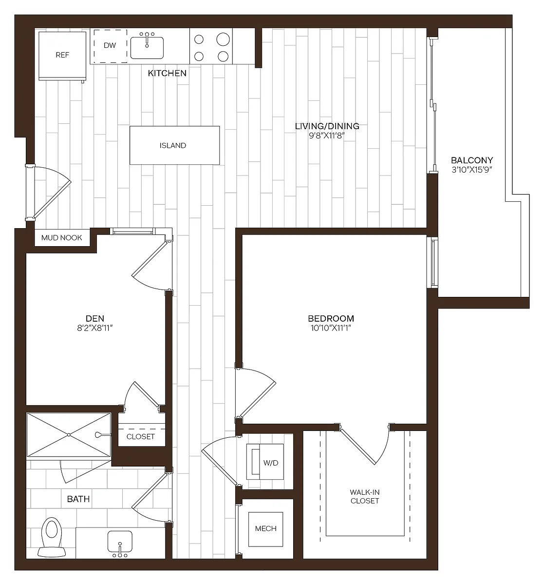 Floor plan 1 Bed/1 Bath Den-D1