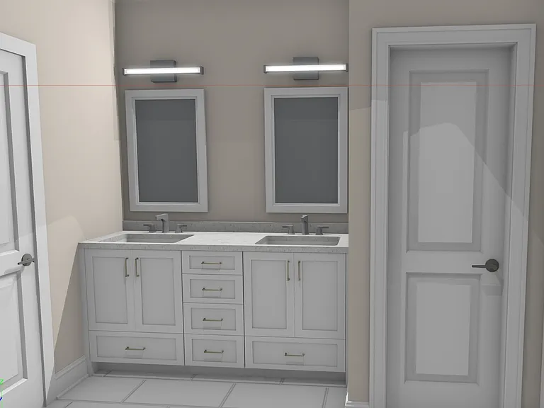 These master bathroom dual vanities, large glass shower, and linen cabinet will be installed this coming week. Upstairs bathrooms are currently under renovation, too. So more photos to come.