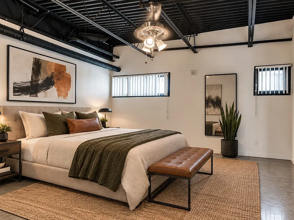 Exposed ceiling joists with black finish, industrial-style ductwork, recessed windows with blinds, ceiling fan with integrated lighting, and polished concrete flooring