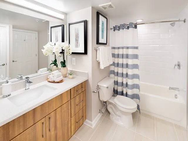 Renovated Bathrooms with Quartz Vanity Tops, Ceramic Tile Surrounds and Lots of Storage Space
