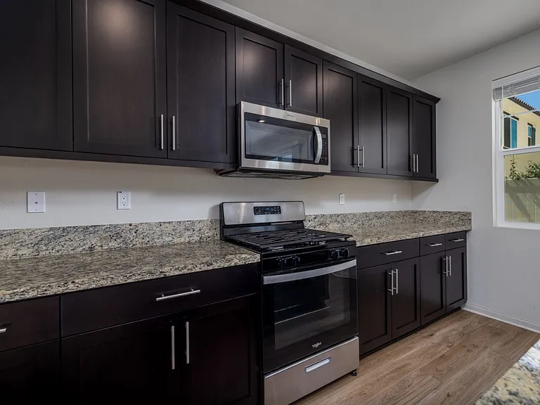 Elegant kitchen with stainless steel appliances, granite countertops, dark cabinets, and filtered water. Bright window overlooks the backyard for natural light and a modern touch.