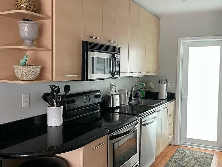 Kitchen, from Living area. Condo entry door from catwalk pictured