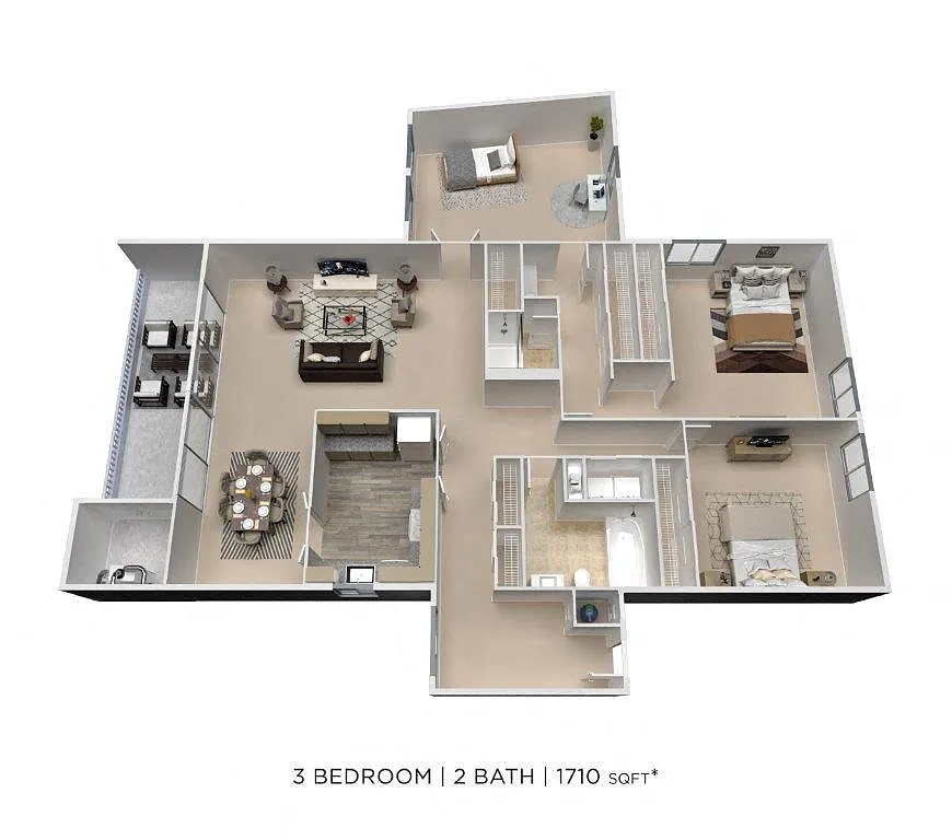 Floor plan Three Bedroom 2 Bath w/ Den - 1,710 sqft