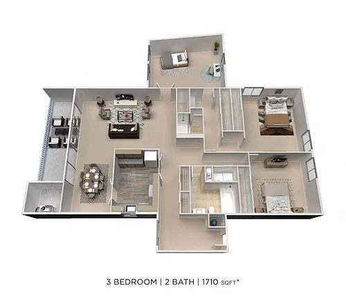 Floor plan Three Bedroom 2 Bath w/ Den - 1,710 sqft