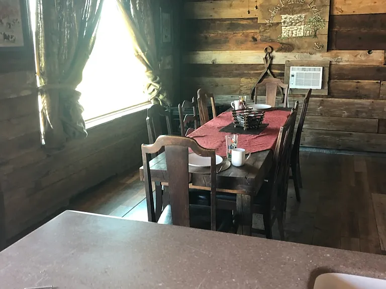 The kitchen table in the Lodge at Anchor Farms Stagecoach Stop. Walnut planks