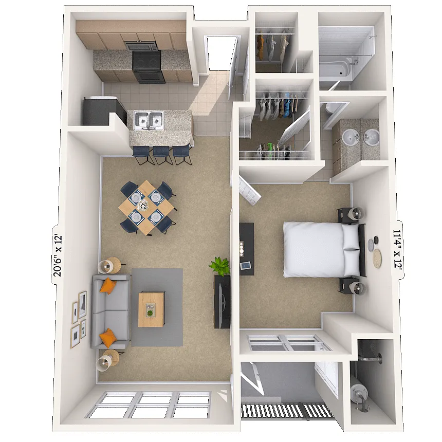 Floor plan Traditional 1x1 634-792 SF