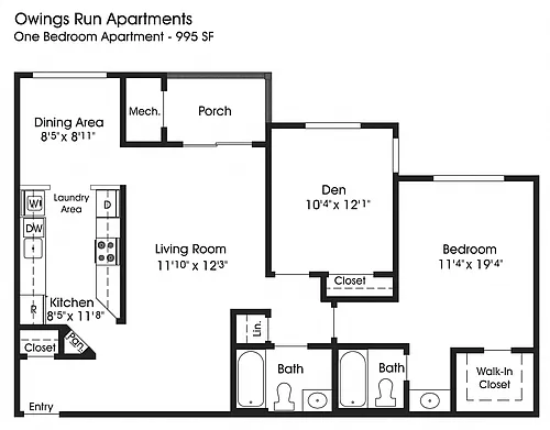 Floor plan 1BR 2BA w/Den (995sf)