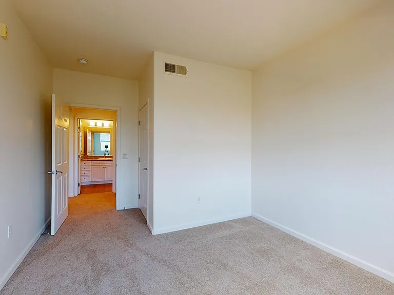 Spacious apartment bedroom with large closet and plush carpet flooring.