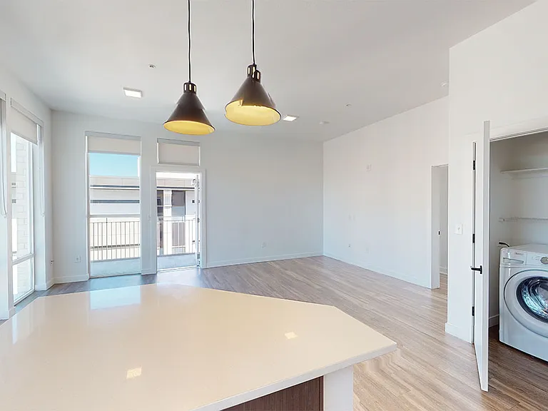 Apartment living room with wood-style flooring.