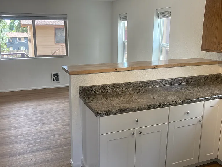 Breakfast bar between kitchen and living/dining area.