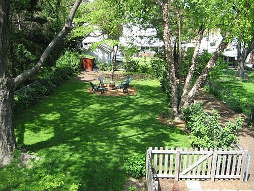 Wooded backyard with privacy plantings and cedar mulched dog run