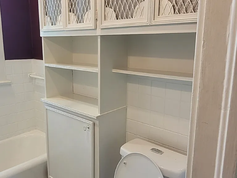 Main bathroom with unique cabinetry and shelves for decor or storage