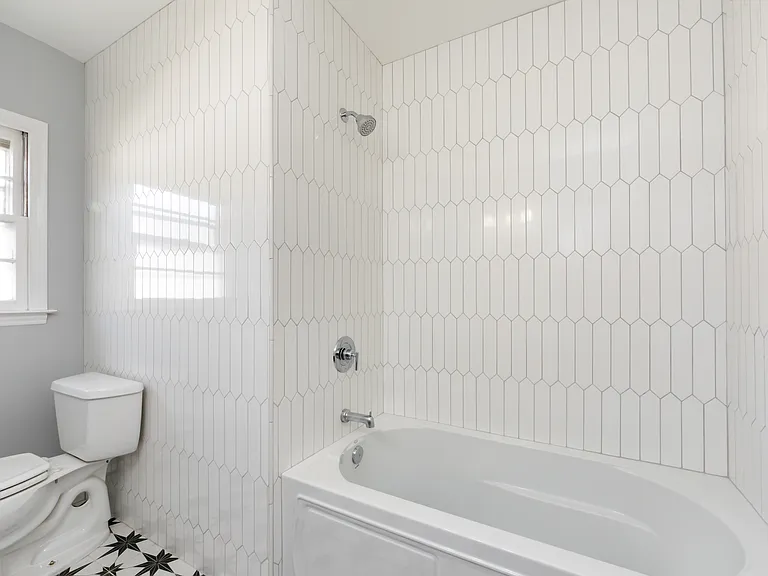 HALLWAY BATHROOM, NEW TILE, NEW BATHTUB, NEW VANITY, SUPER CUTE