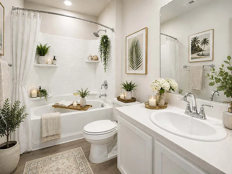 Full bath with tub-shower and countertop space