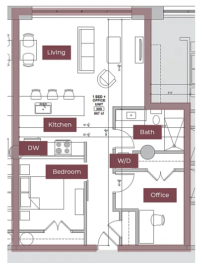 Floor plan 1BR + Office/Den Floor Plan L | Lofts South