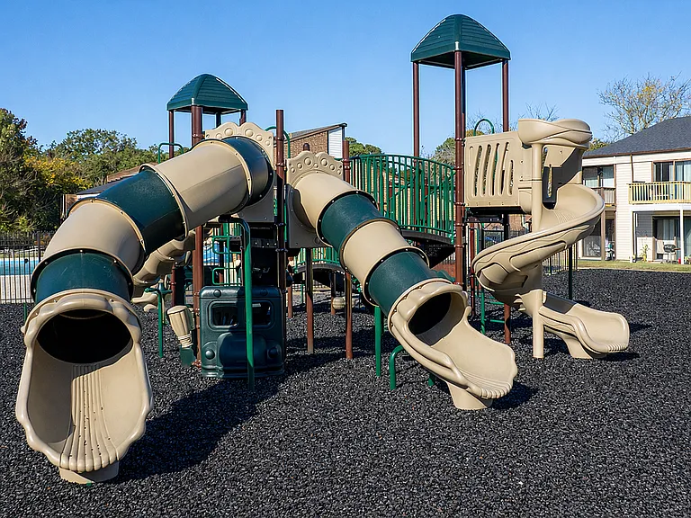 Playground with spiral slides and pool