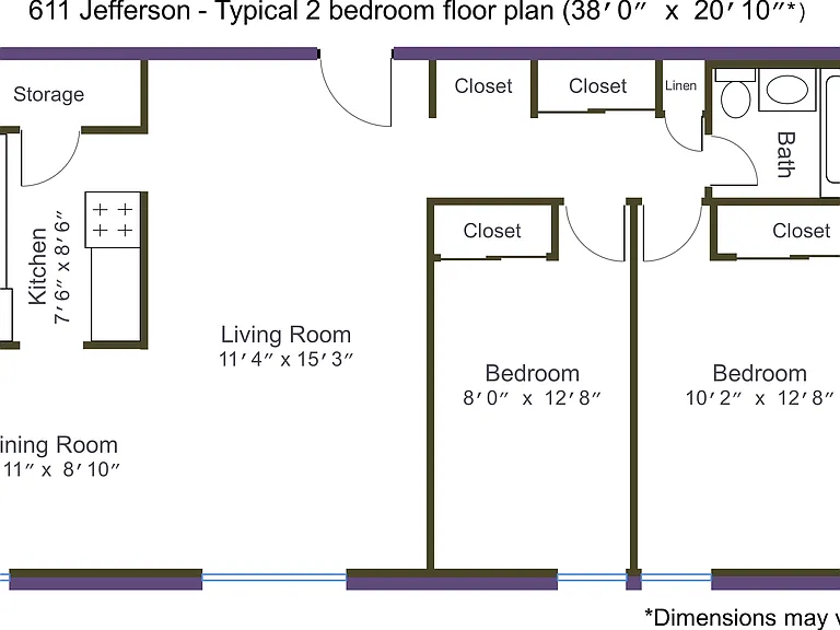 Typical 2 bedroom floor plan for 611 Jefferson Avenue, dimensions may vary.