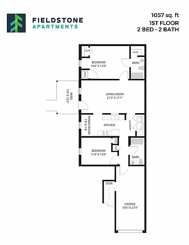 Floor plan 2 Bed, 2 Bath - 1,057 sq ft