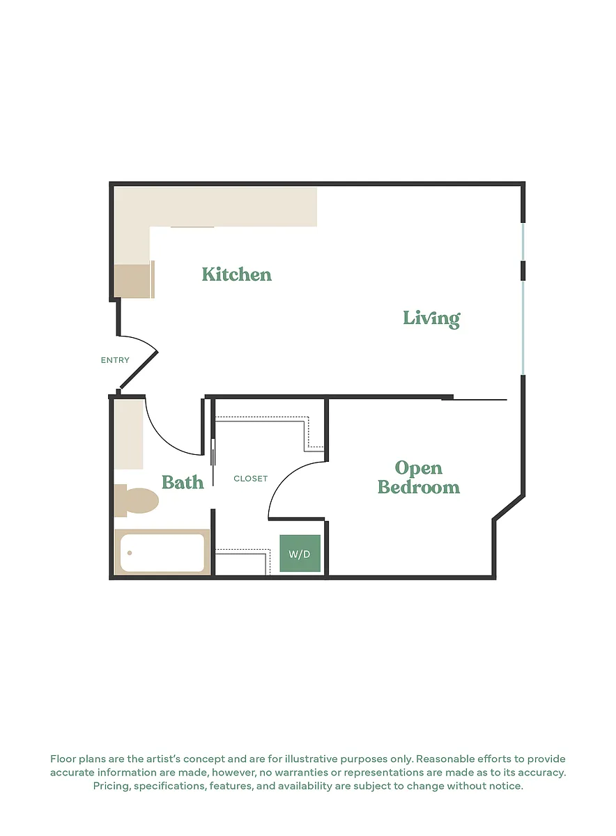 Floor plan Open 1 Bed, 1 Bath - Apt E