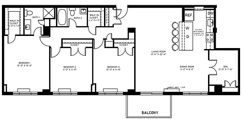 Floor plan 3 Bedroom 2 Bath Den H Style