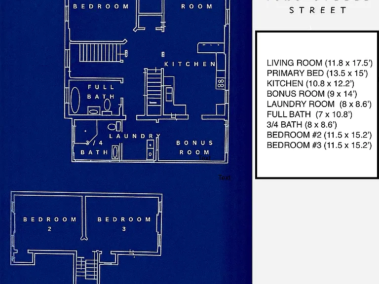 Floor plan and room dimensions (peninsula in kitchen removed, Bedroom 2 closet expanded to 8 linear feet)