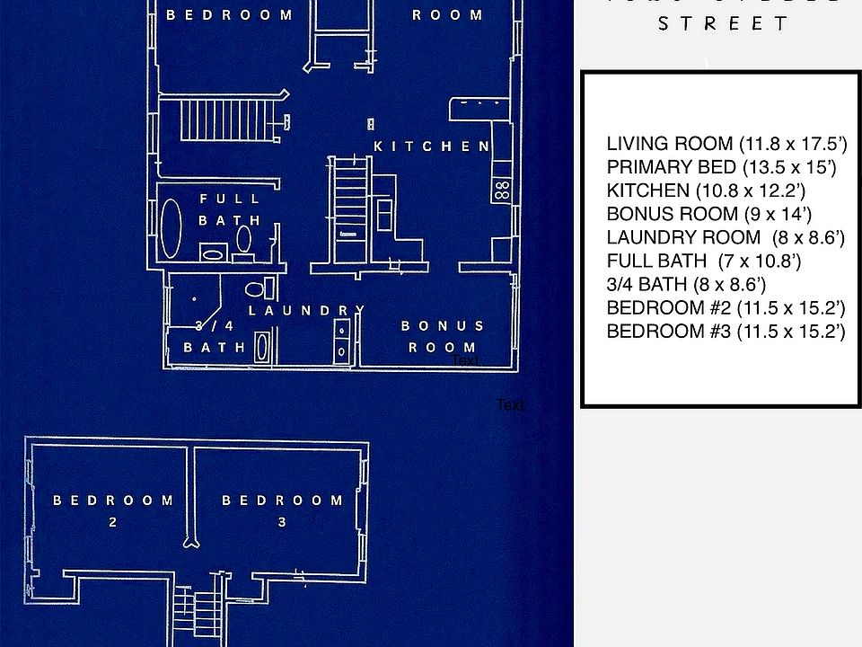 Floor plan and room dimensions (peninsula in kitchen removed, Bedroom 2 closet expanded to 8 linear feet)
