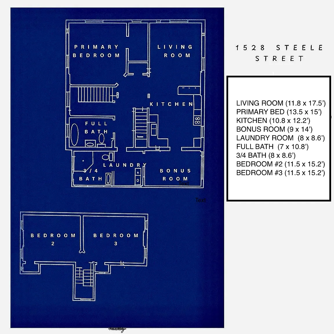 Floor plan and room dimensions (peninsula in kitchen removed, Bedroom 2 closet expanded to 8 linear feet) - 1528 Steele St #2
