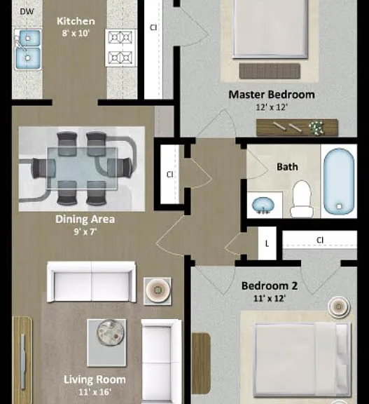 2 Bed 1 Bath A Floorplan Diagram