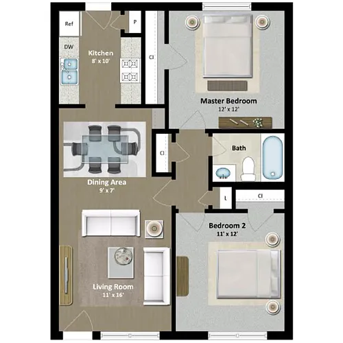 Floor plan 2 Bed 1 Bath A