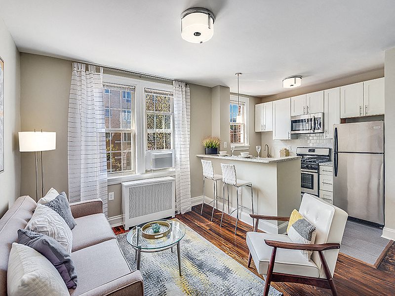 One-bedroom living and dining (staged)