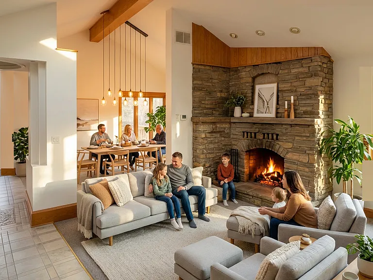 Cozy living room with a stone fireplace, cathedral ceiling with exposed beams, and an open layout flowing into the dining area.