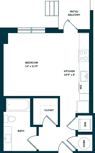 Explore this modern one-bedroom layout with an open kitchen and inviting balcony, designed for comfort and style. Explore this modern one-bedroom layout with an open kitchen and inviting balcony, designed for comfort and style.